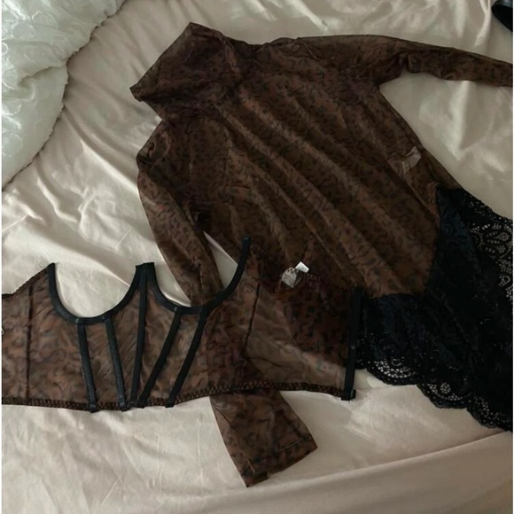 Sexy Sheer Leopard Mesh Contrast Lace High Neck Underbust Corset Teddy Bodysuit - Picture 12 of 13